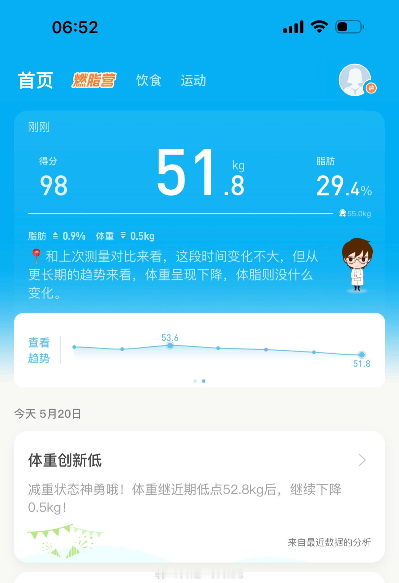 哈哈哈，太好笑了，早上称体重，创新低51.8kg，我说，这差一点就51.7了啊，