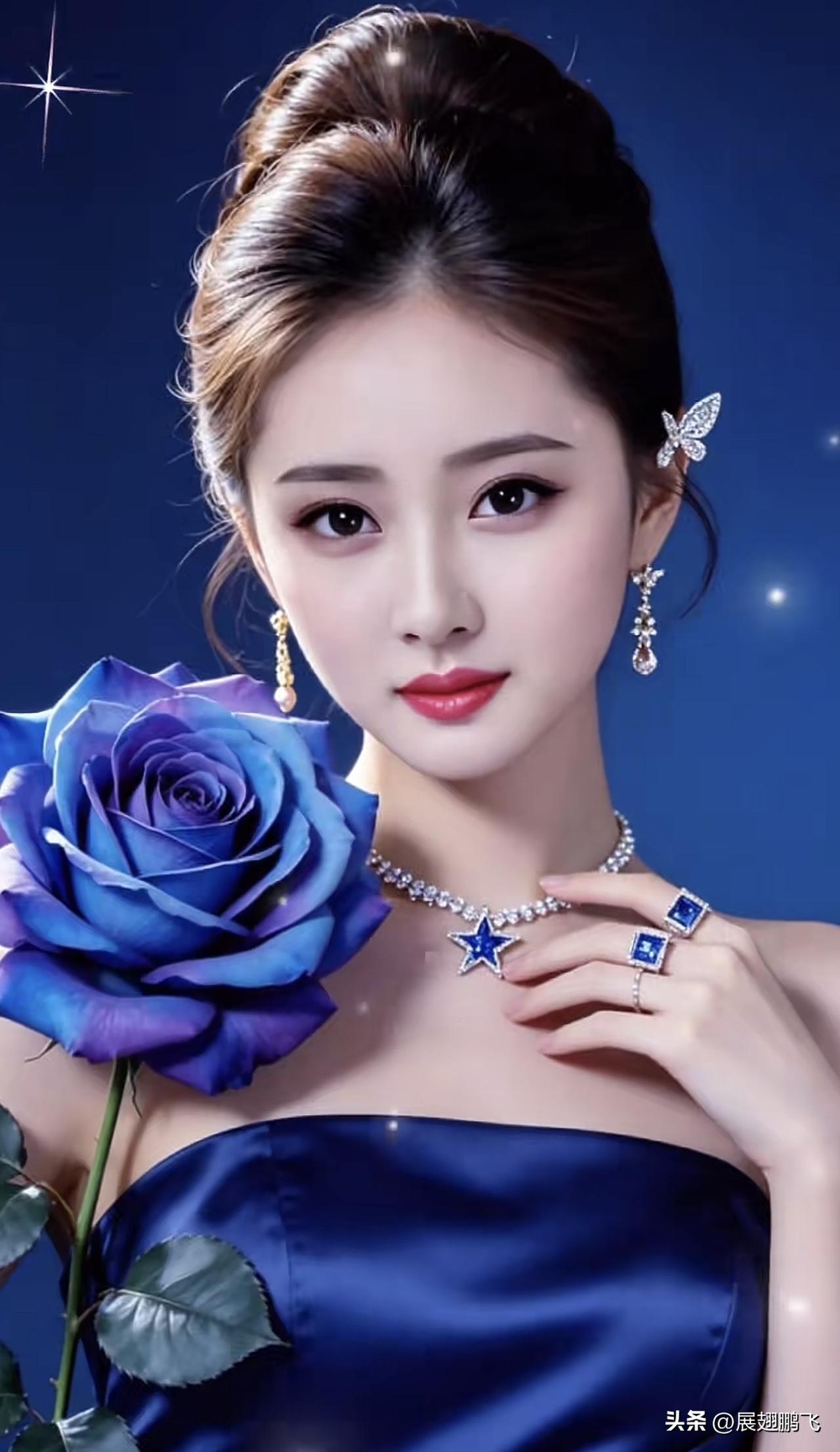蓝衣美人持玫瑰，星月相伴夜如墨。淡雅蓝裙照 玫瑰红装美女 红裙玫瑰写真 玫瑰红装