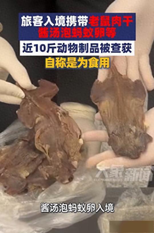 旅客携带老鼠肉干、酱汤泡蚂蚁卵等动物制品入境被查，自述为食用