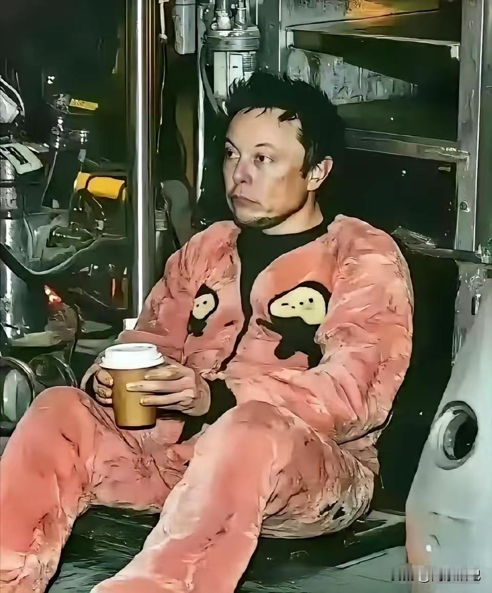 这张照片
是马斯克早年在工厂车间的场景
此时
马斯克一身汗渍
手捧一杯咖啡
直接