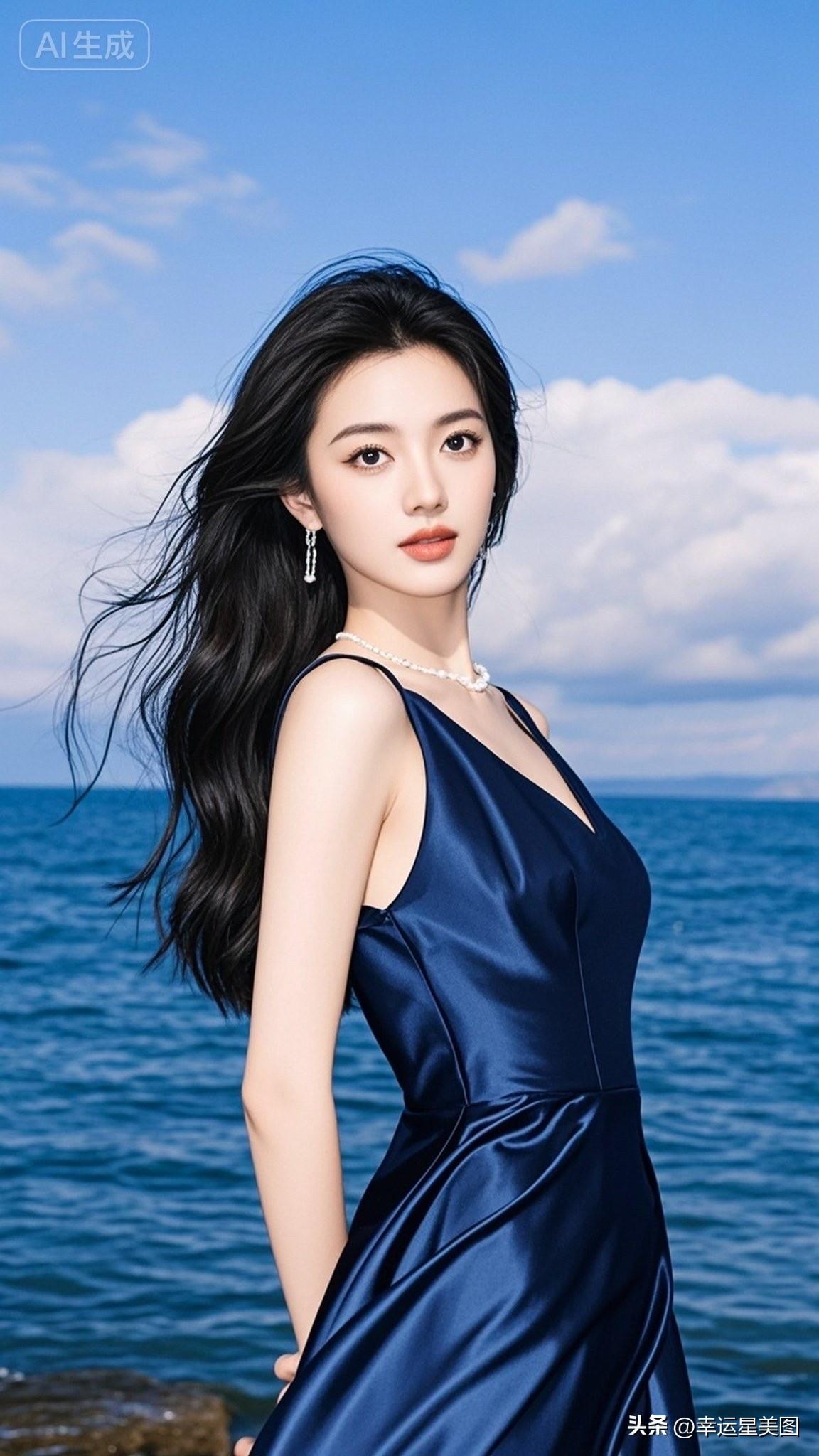 海边少女，蓝裙飘飘，温柔的海风轻抚发梢。