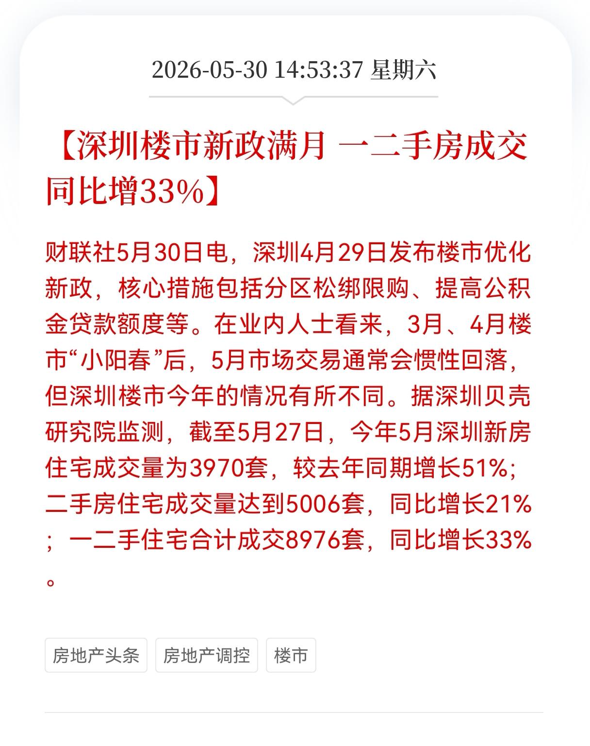 深圳房地产新政满月，一二手房成交同比增长33%，市场真的回暖了吗？
 
深圳楼市