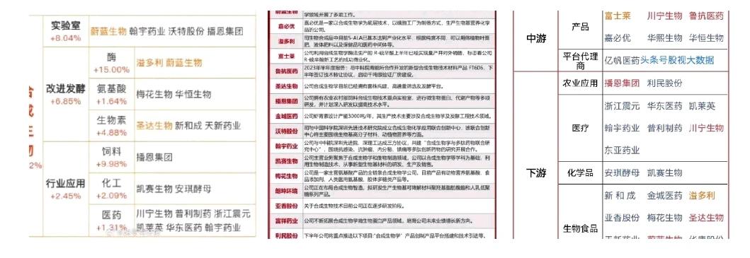 合成生物概念上下游细分龙头股盘点！
上游环节：实验室、仪器、基因
下游环节：生物