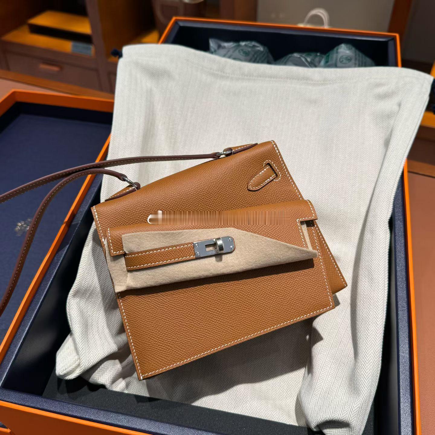 双面Kelly Desordre 20 Epsom 金棕 银扣爱马仕hermes