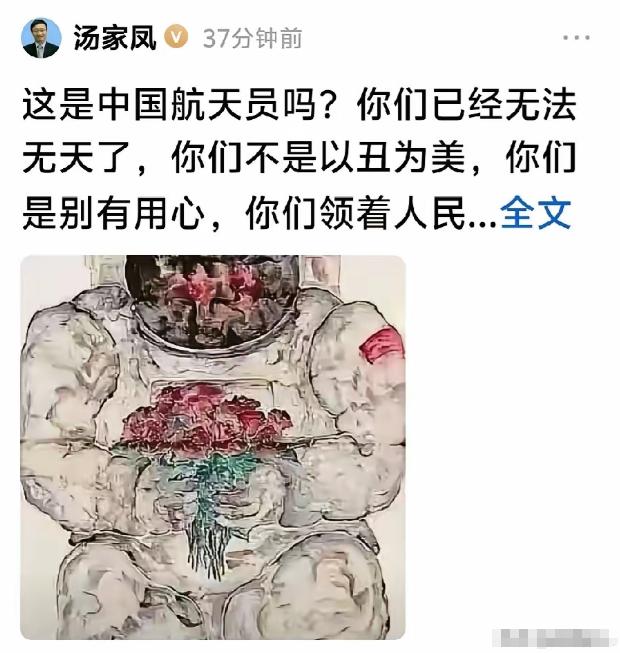 汤家凤怒批清华美院丑化航天员，这把火烧得好，英雄容不得这般糟蹋。
 
8月25日
