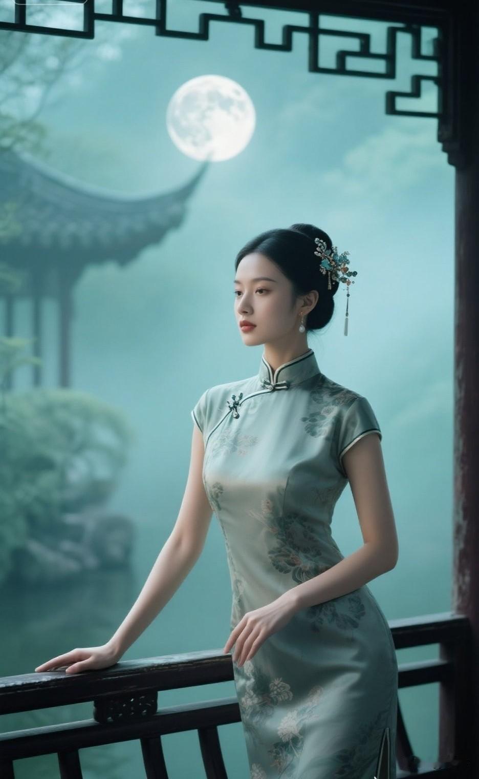 月夜朦胧，园林静谧。她身着淡青提花旗袍，立在回廊，发髻簪花添韵。中式窗棂框住圆月