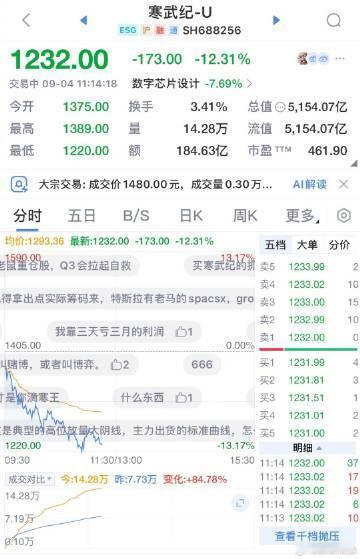 【寒武纪跌超12%，寒武纪市值日内蒸发超700亿 】9月4日，寒武纪再次大跌，截