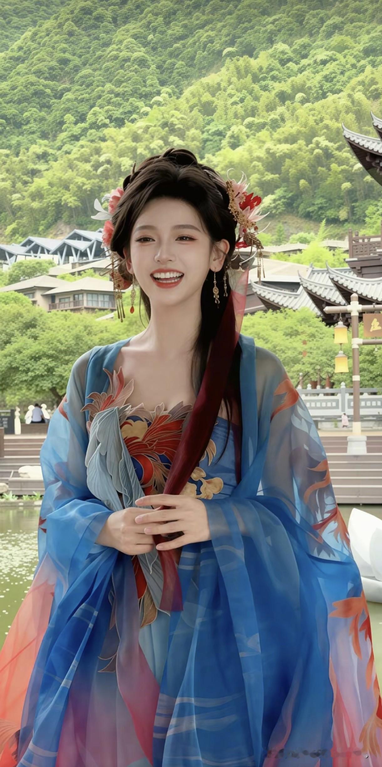 碧水青山间，身着蓝锦汉服的小姐姐笑意盈盈，仿佛从画卷里走出的灵动少女，太美啦！湖