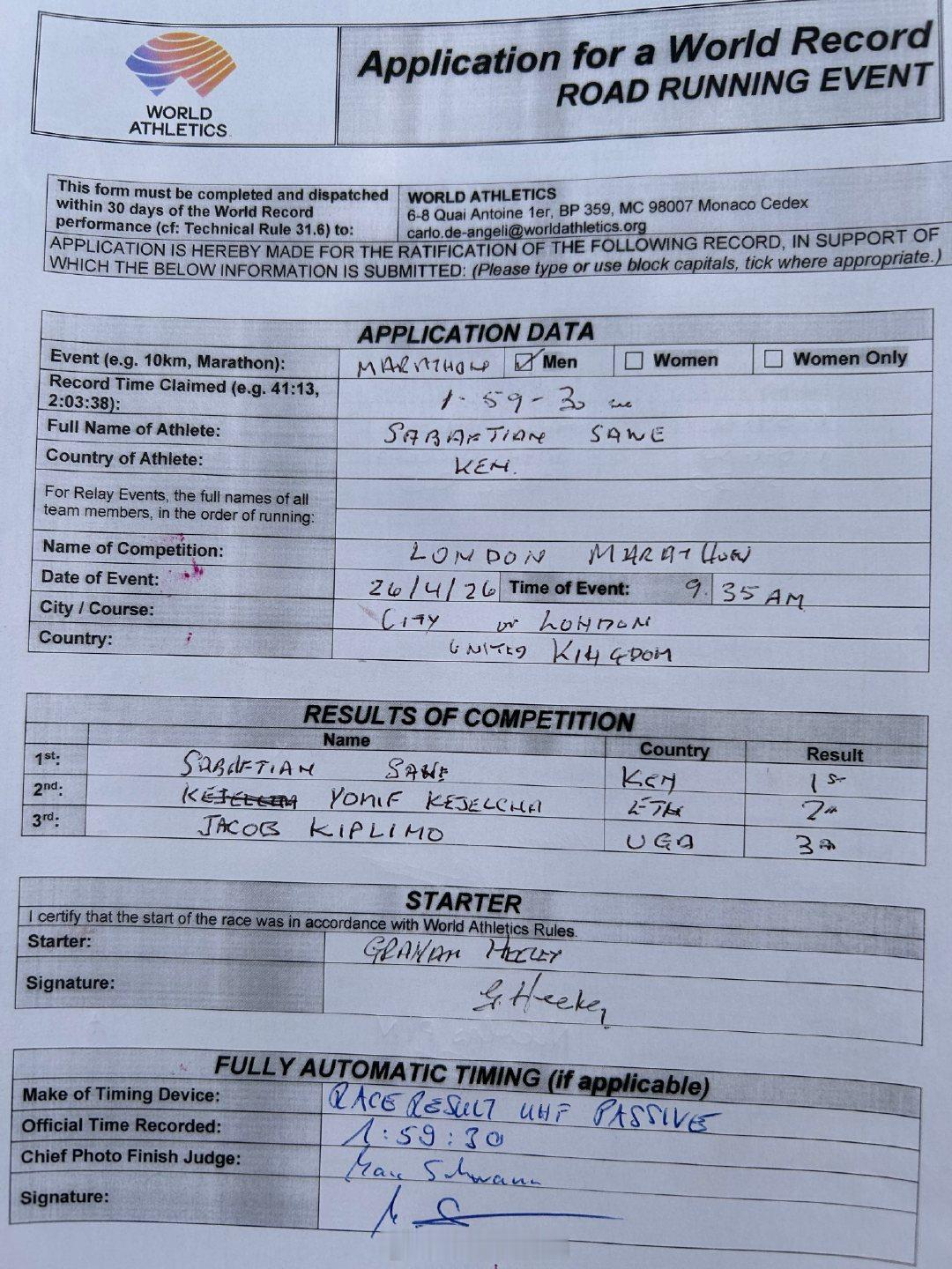 2026伦敦马拉松世界田联成绩登记单。这么重要的文件，应该找个写字过得去的人来干