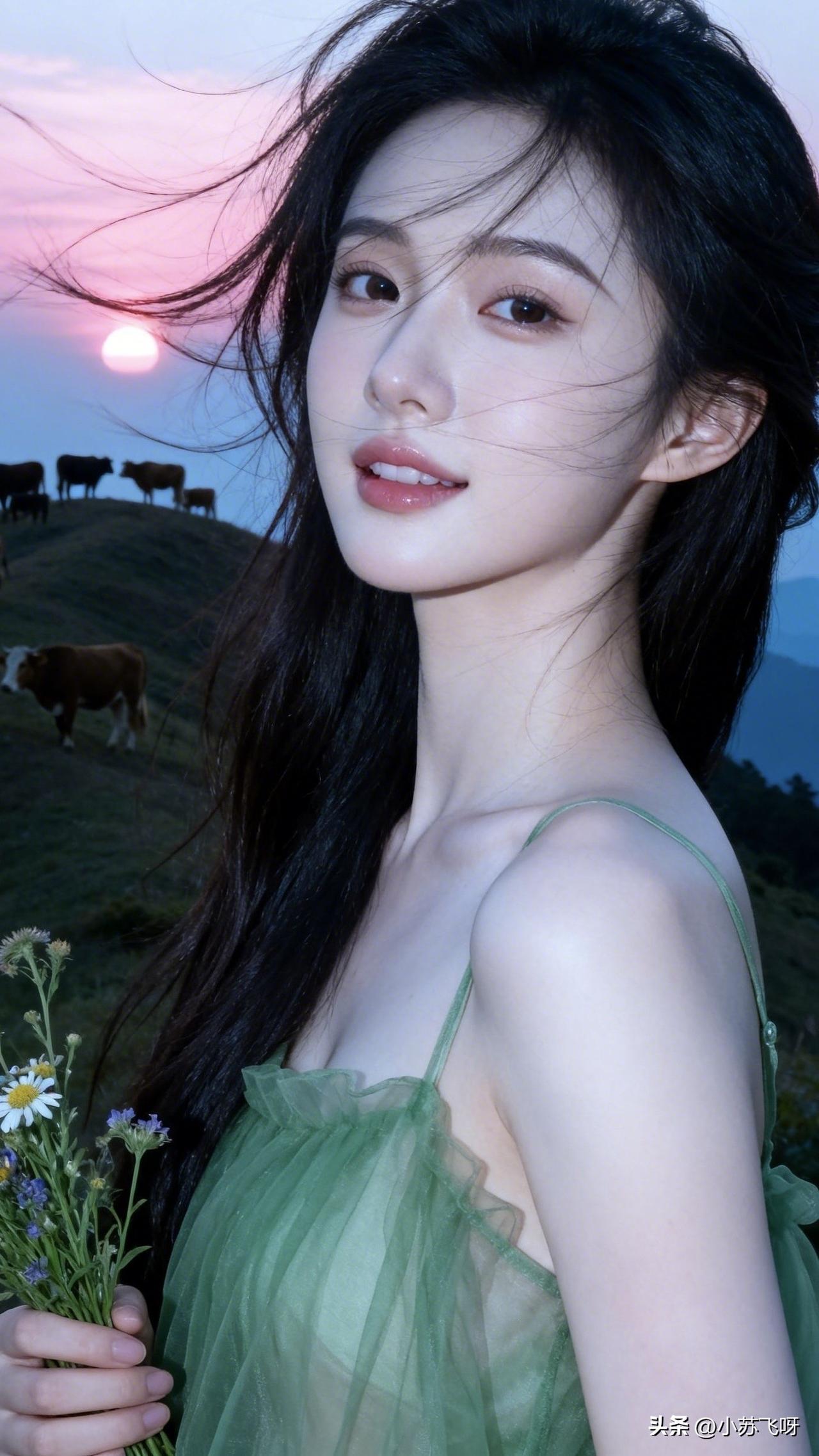 的牛 和美人  ：“夕阳铺染映山红，牛啃青禾意态慵；女儿闲观幽境里，田园逸趣韵无