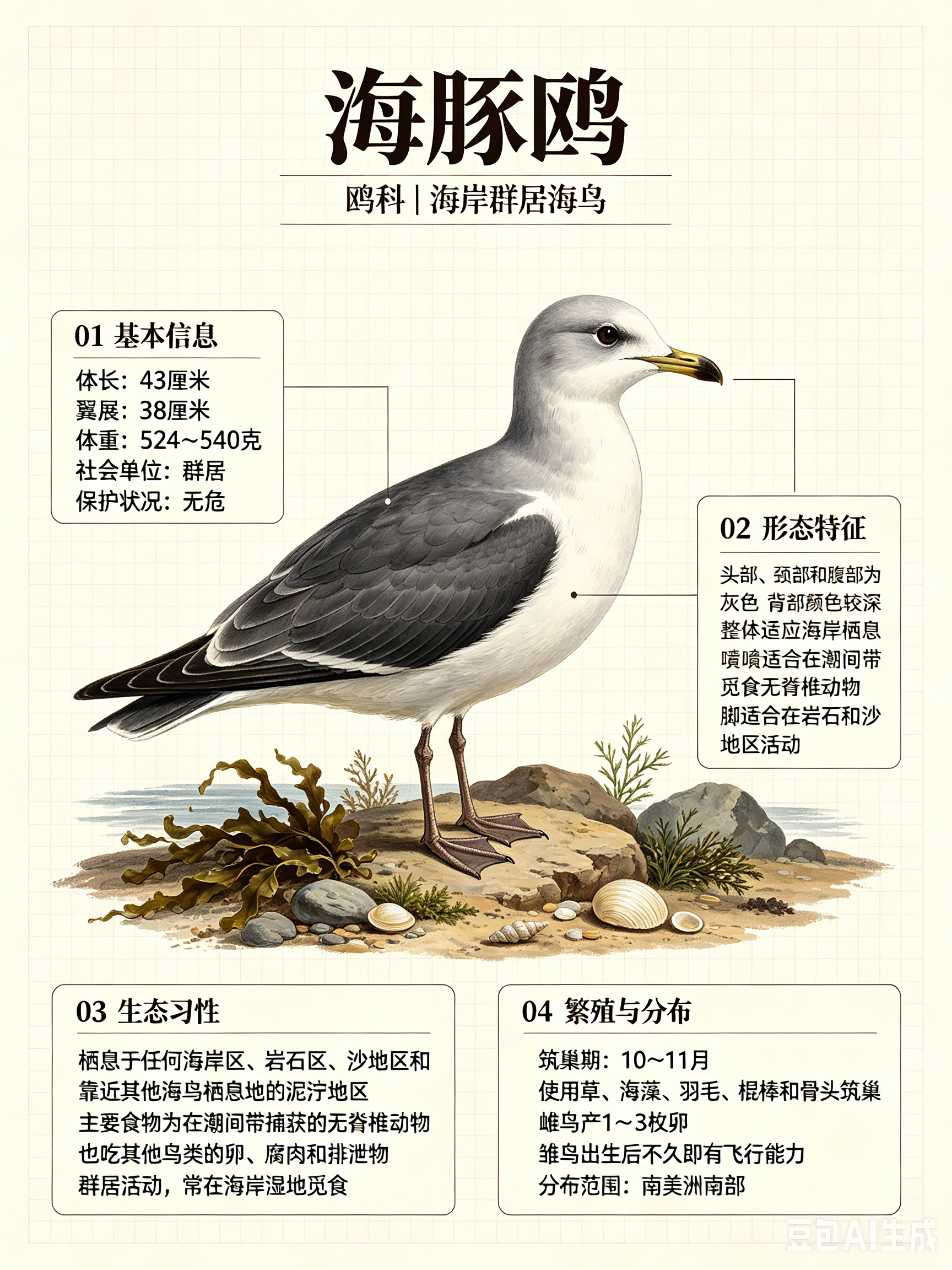 鸟类朋友图鉴 海豚鸥体长：43 厘米翼展：38 厘米体重：524~540 克社会