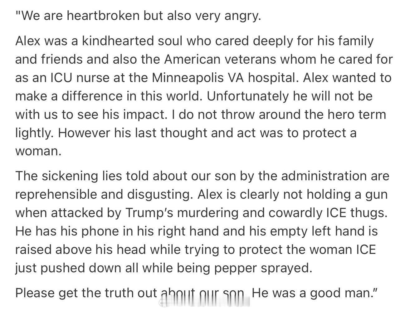 今天被ICE击毙的Alex Pretti家人的声明：“我们感到心碎，同时也无比愤