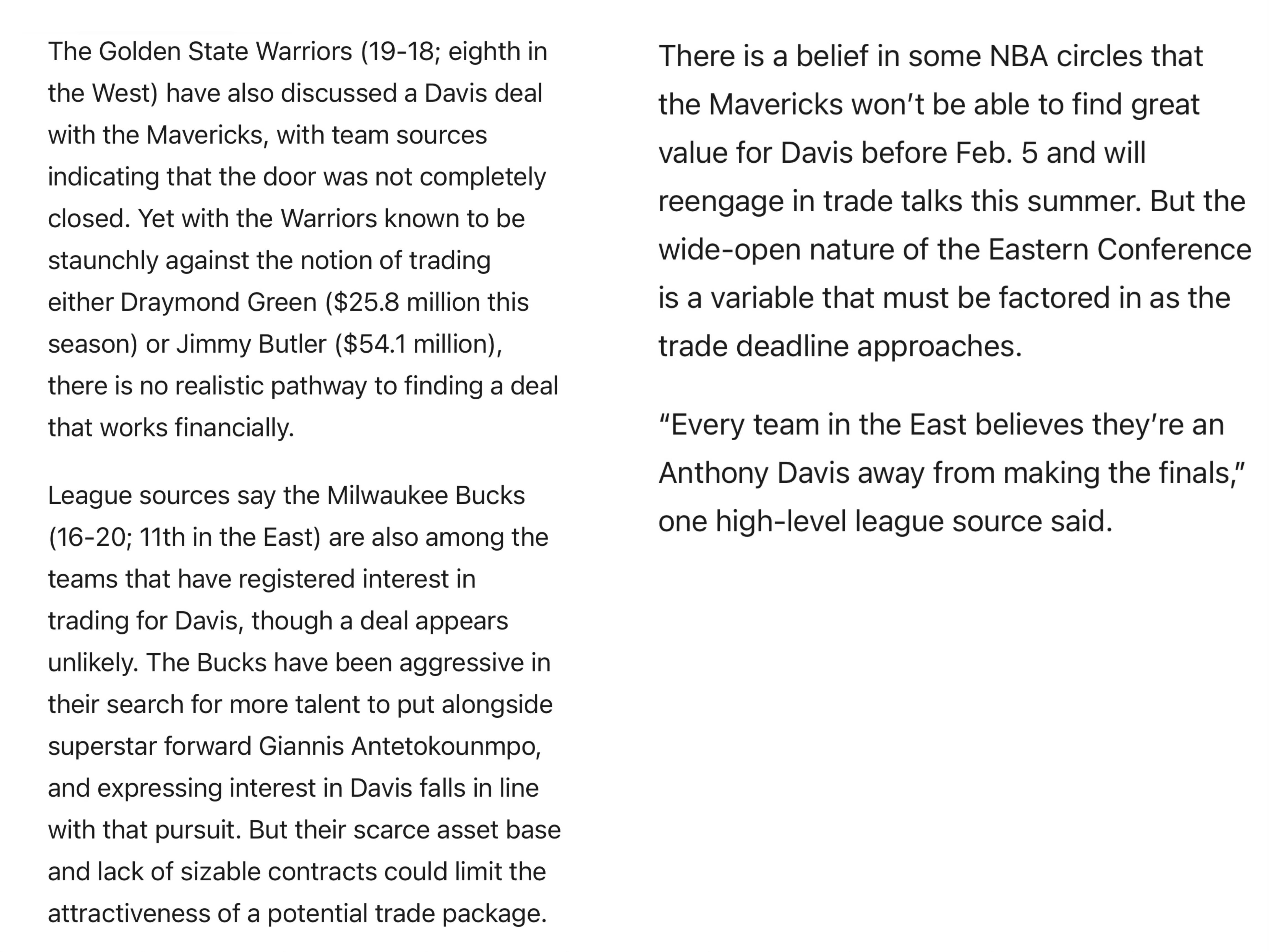 Sam Amick：勇士已与独行侠商讨过关于戴维斯的交易，球队消息源透露，这笔交