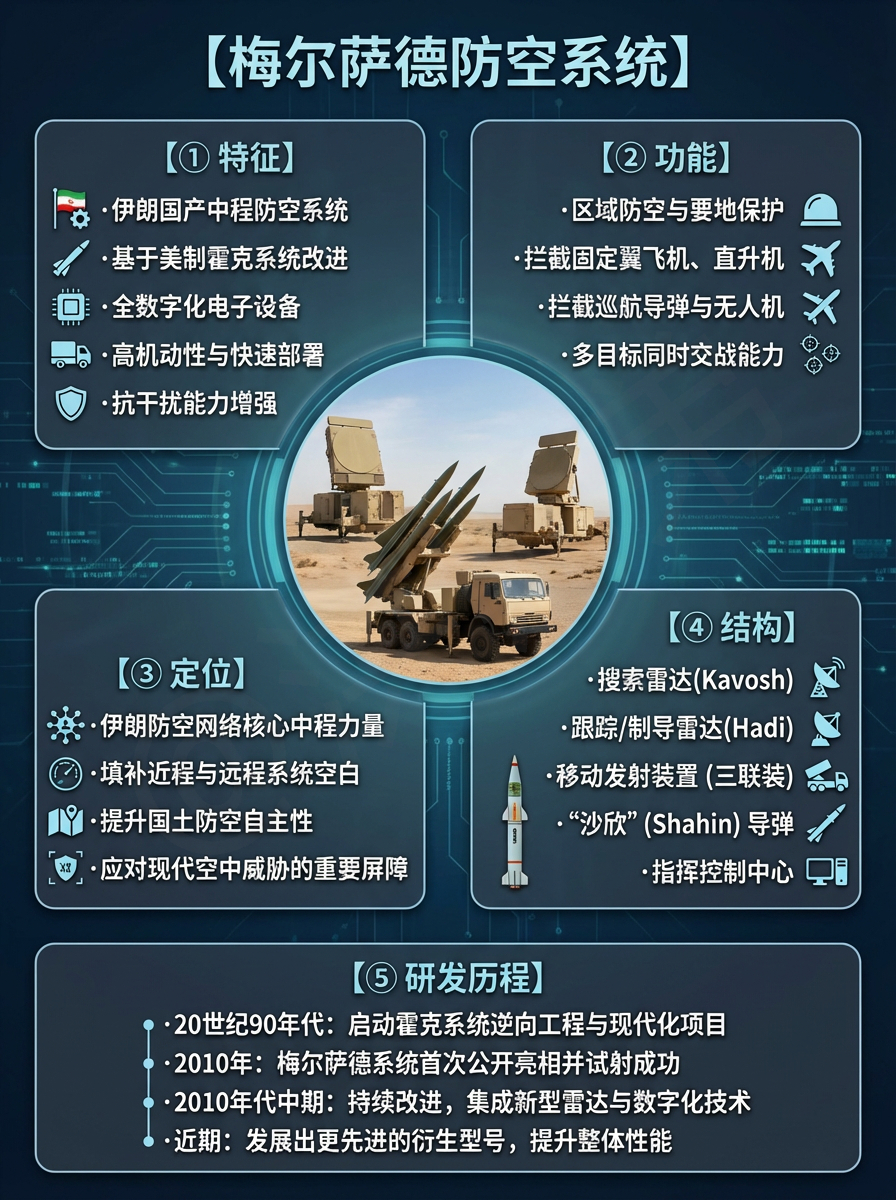 全球武器装备盘点 梅尔萨德防空系统梅尔萨德（Mersad）是伊朗自主研发的近程防