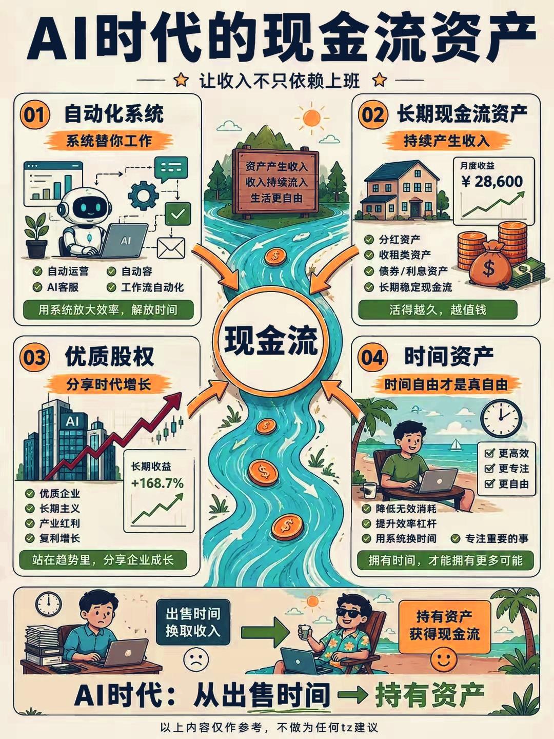 这张图把AI时代的现金流资产拆解成了4类核心方向，帮你从「出售时间换钱」转向「持