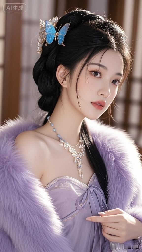 梦幻古风少女，蝴蝶发饰与华美服饰相得益彰，尽显古典韵味。