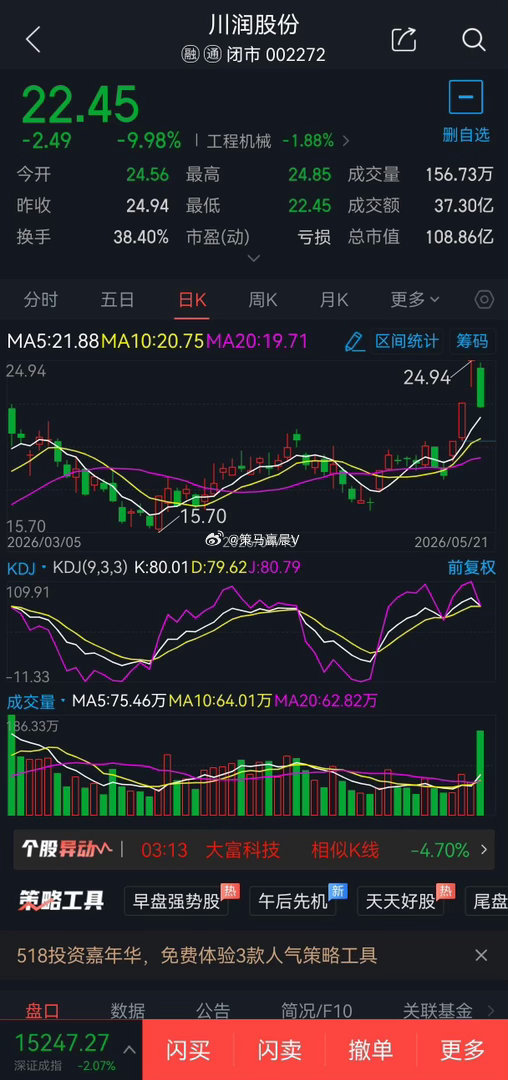 5月22日短线股票002920德赛西威概念题材:华为汽车概念，可于103元附近1