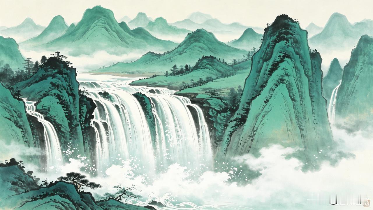 上联：瀑布挂川飞白练
下联：青山入画耸青峰