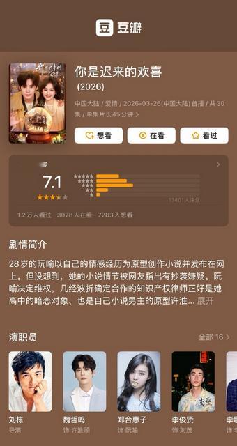 魏哲鸣郑合惠子领衔主演电视剧《你是迟来的欢喜》豆瓣开分7.1 