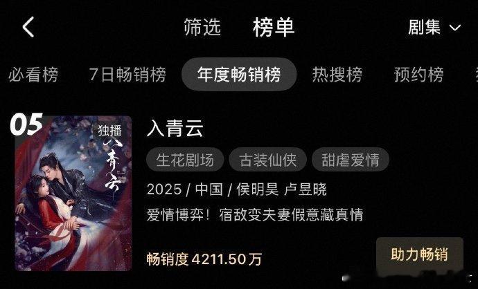 侯明昊卢昱晓入青云年度畅销榜top5侯明昊卢昱晓入青云进畅销榜TOP5《入青云》