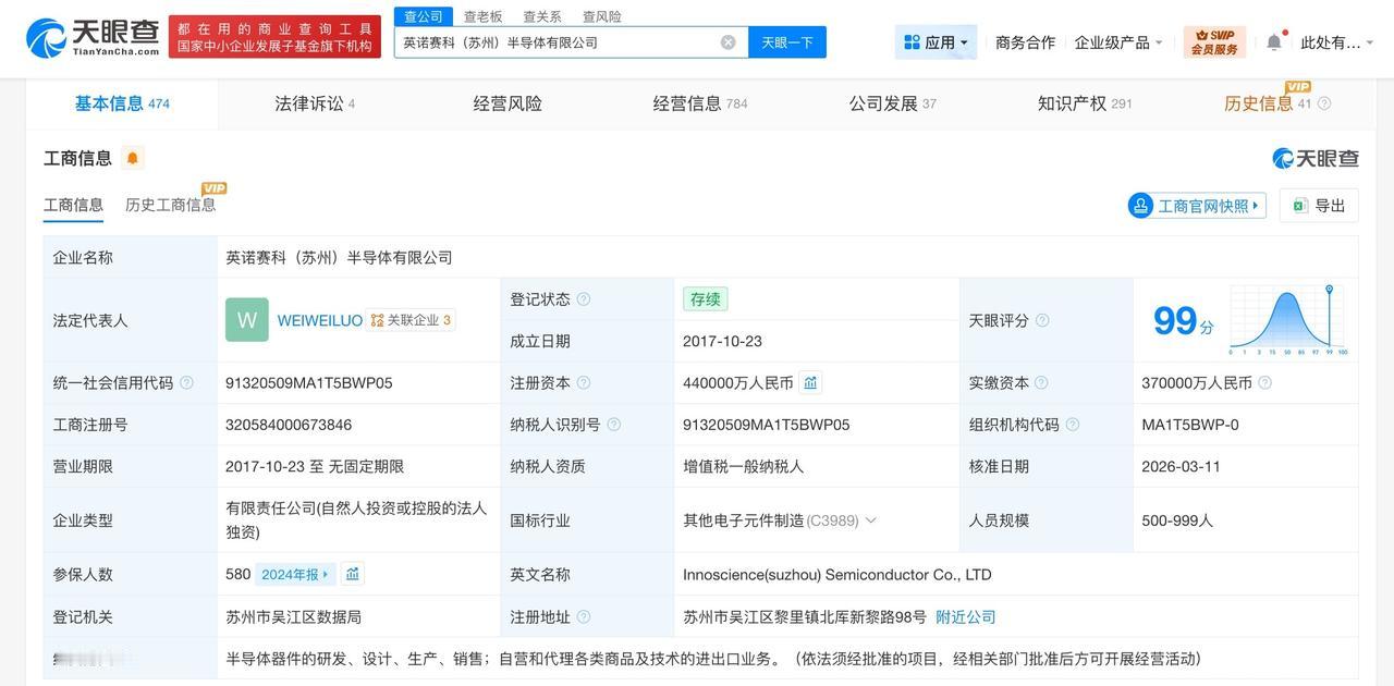 英诺赛科半导体公司增资至44亿 增幅约19%

天眼查工商信息显示，近日，英诺赛