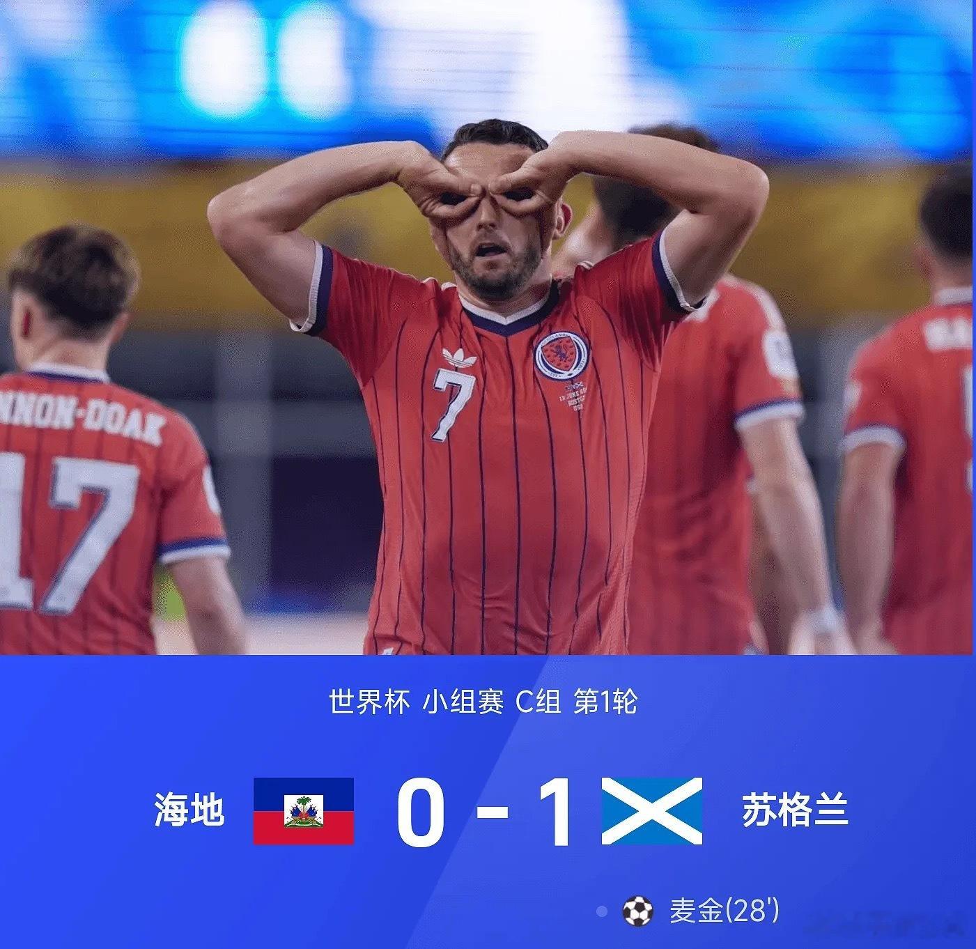 足球 26赛季世界杯小组赛C组第1轮，苏格兰1-0战胜海地。麦克托米奈开场造险+