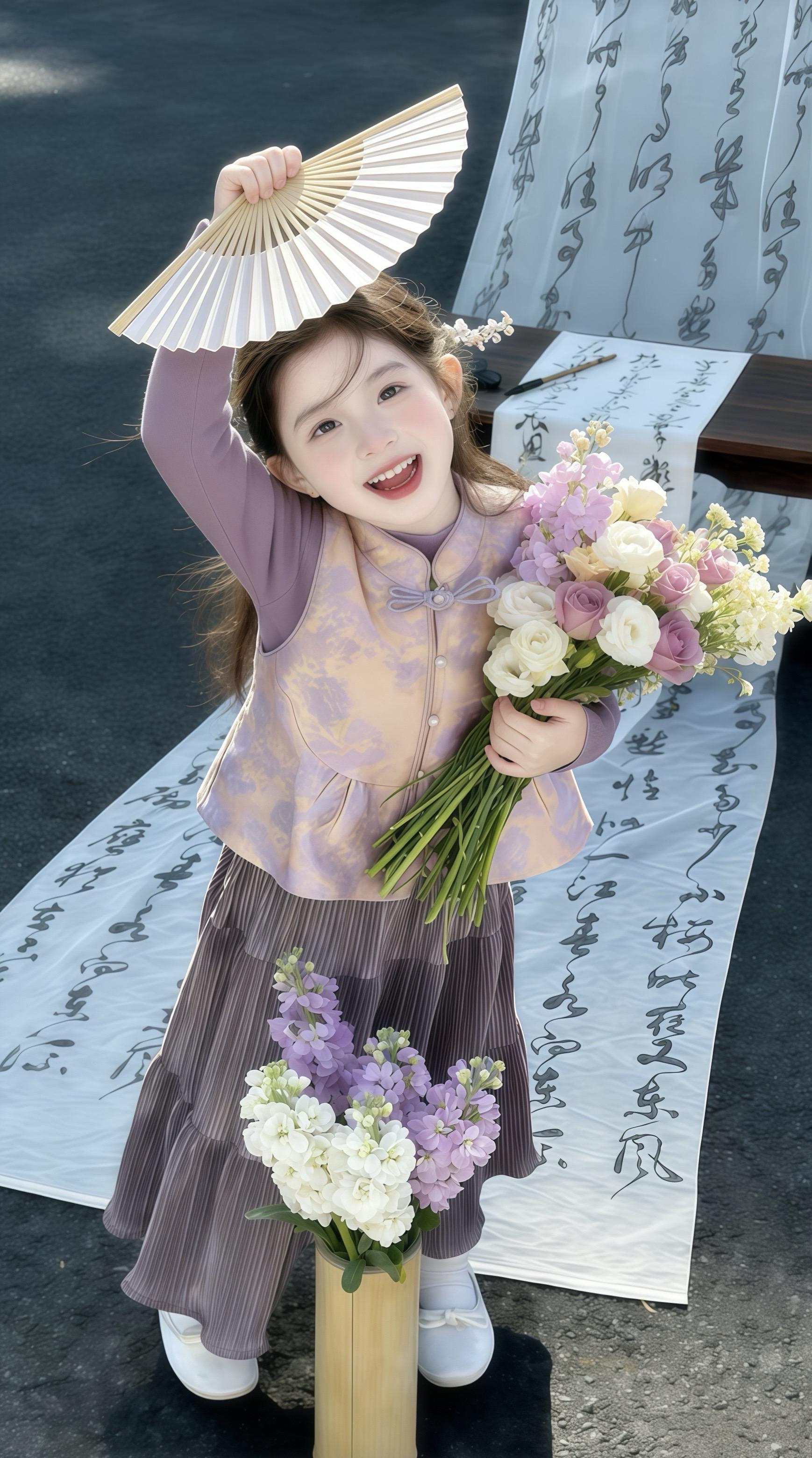 谁能拒绝这套仙气满满的女童新中式套装！温柔的香芋紫调调，渐变提花马甲搭...