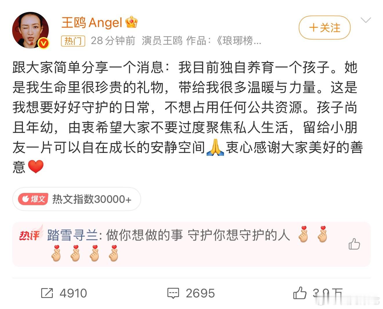 王鸥 我目前独自养育一个孩子这孩子该不会真是何九华的吧……如果是真的话，那可以说