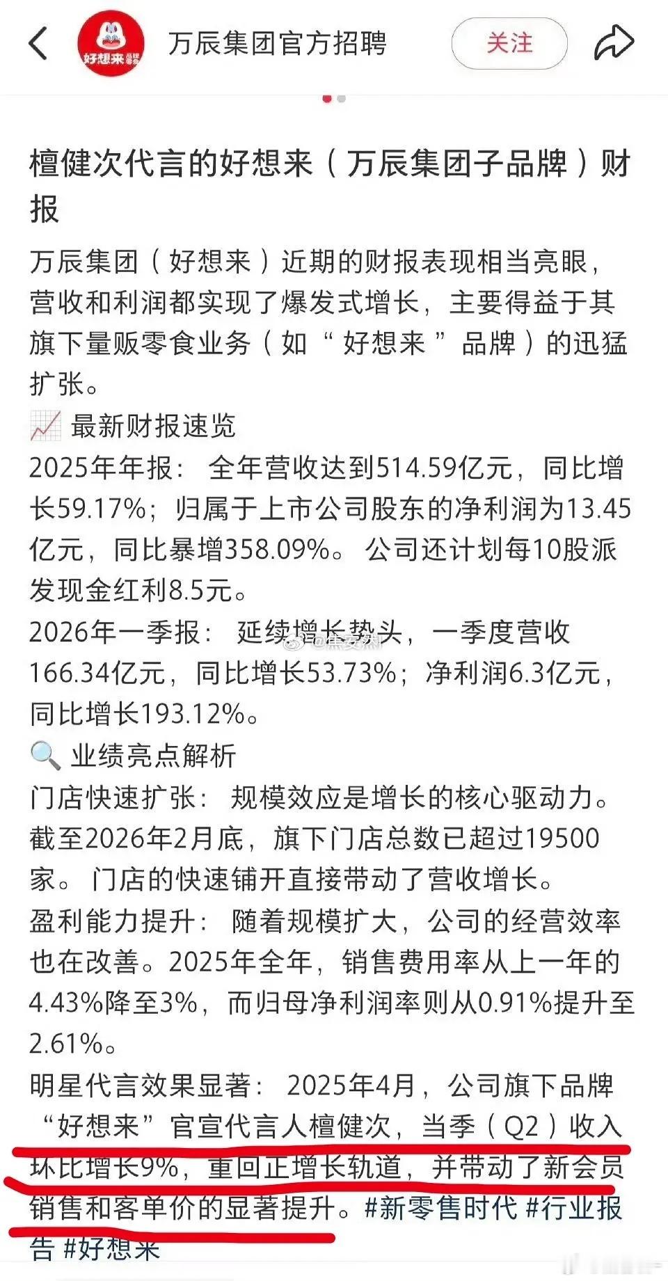 好想来最新财报：万辰集团利润爆发式增长，代言人檀健次效果显著！太牛了 