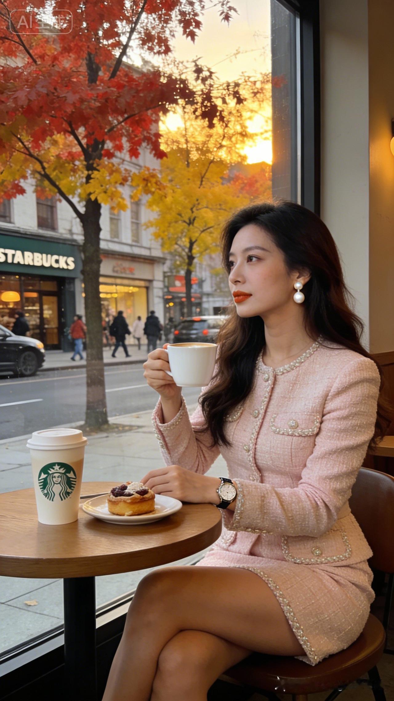 秋日暖阳下，一杯咖啡，一份甜点，享受宁静时光。