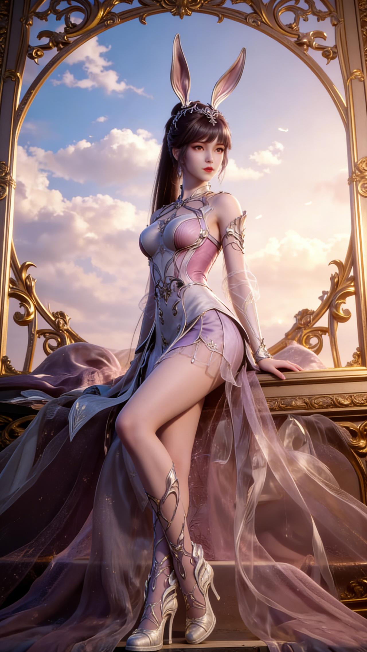 来自星斗大森林的柔骨兔公主小舞，身着粉紫渐变战甲裙，172cm身高搭配88/59