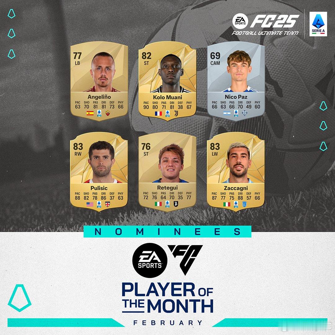 意甲联赛二月最佳球员候选公布！安吉利诺、穆阿尼、普利希奇等人入选。 