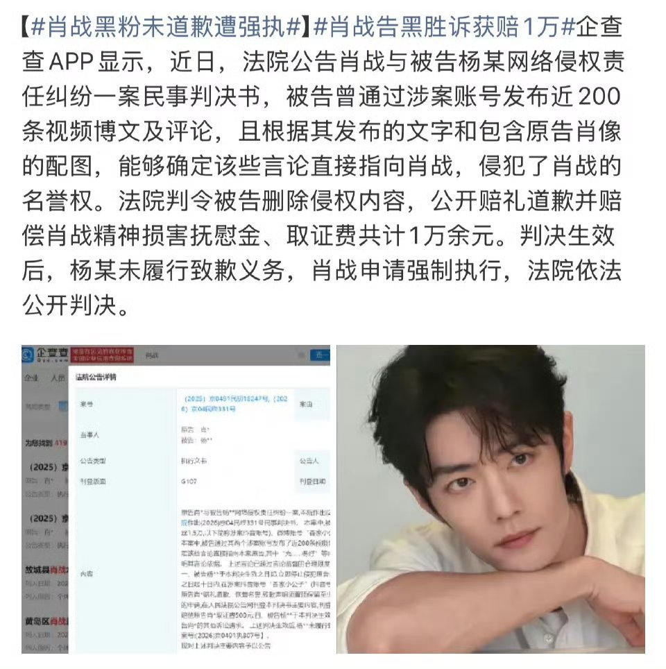 肖战告黑成功！被告未道歉被强执了 
