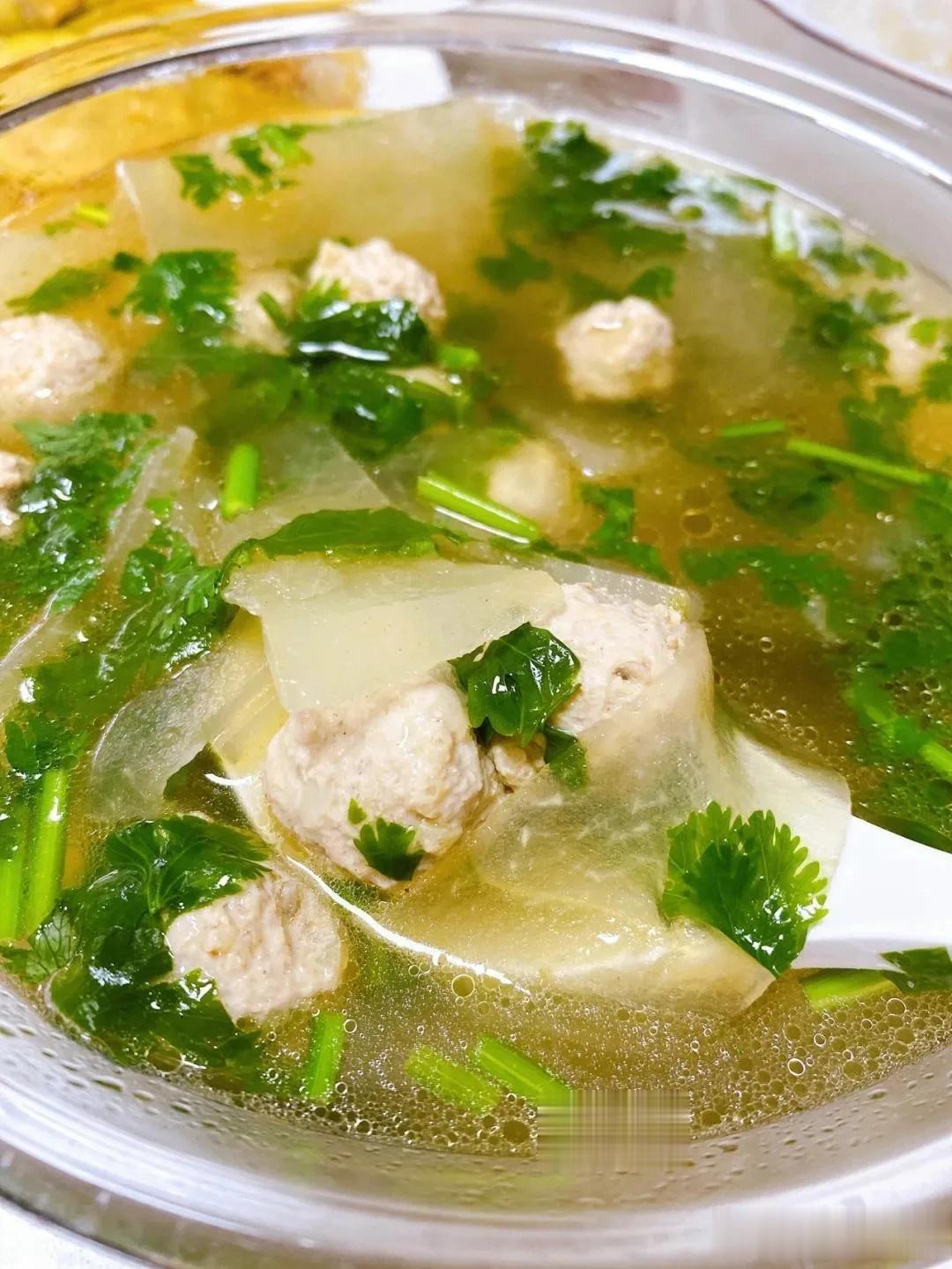 #记录我的2023# 
#十月美食录# 
冬瓜丸子汤

冬瓜切片，肉沫中放葱姜+