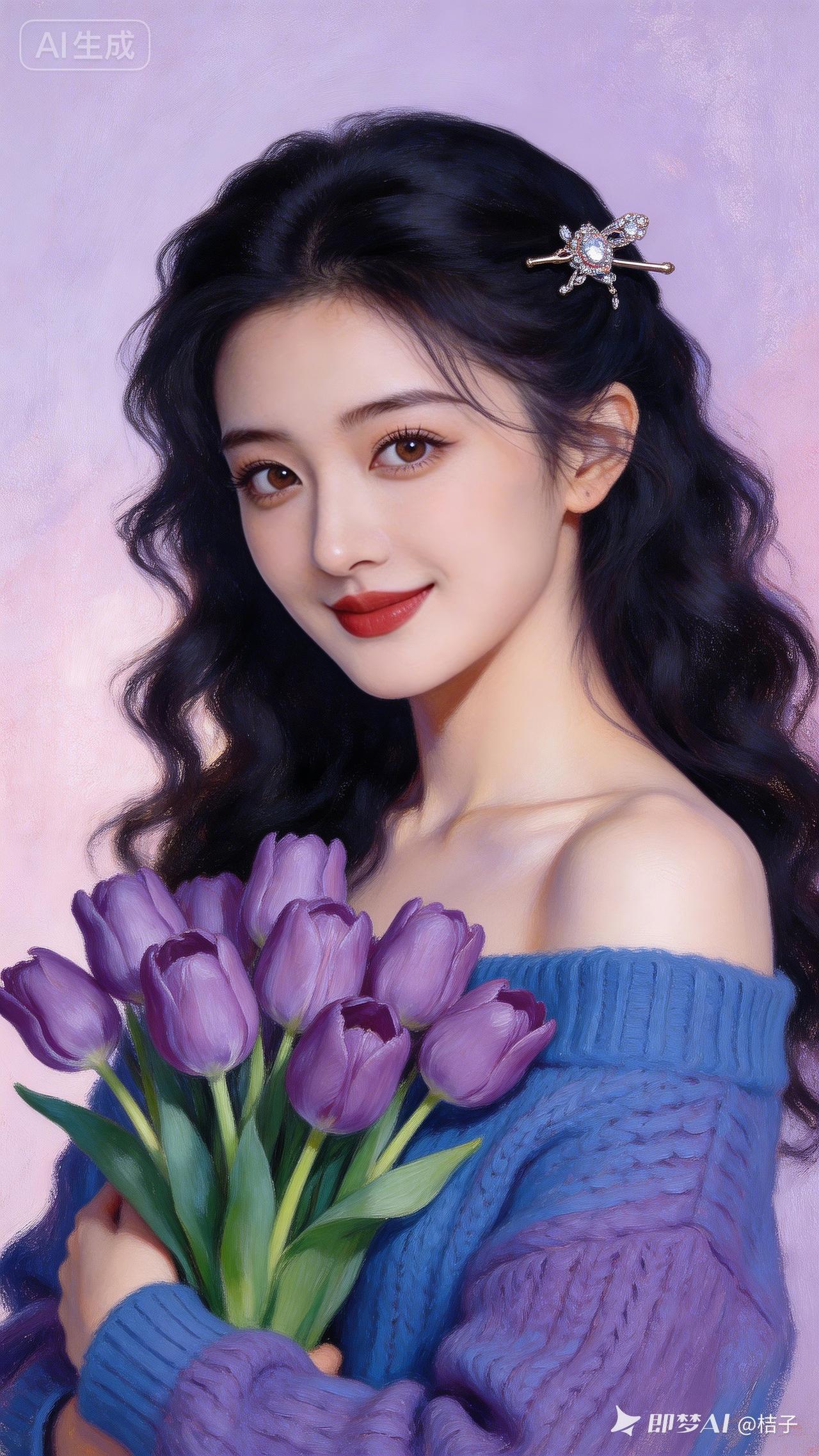 绝色女子蓬松长发，肤白透亮肌理细腻，五官立体精致。身着蓝紫色毛衣，怀抱紫色郁金香