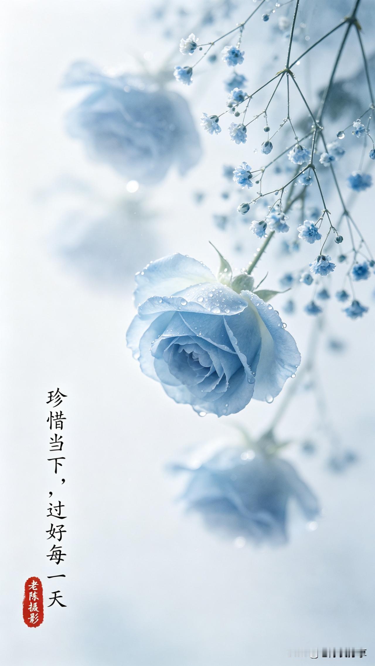 生活难免有阴霾，就像这朵蓝玫瑰也曾历经风雨。
但请相信，每一滴露水都是成长的滋养