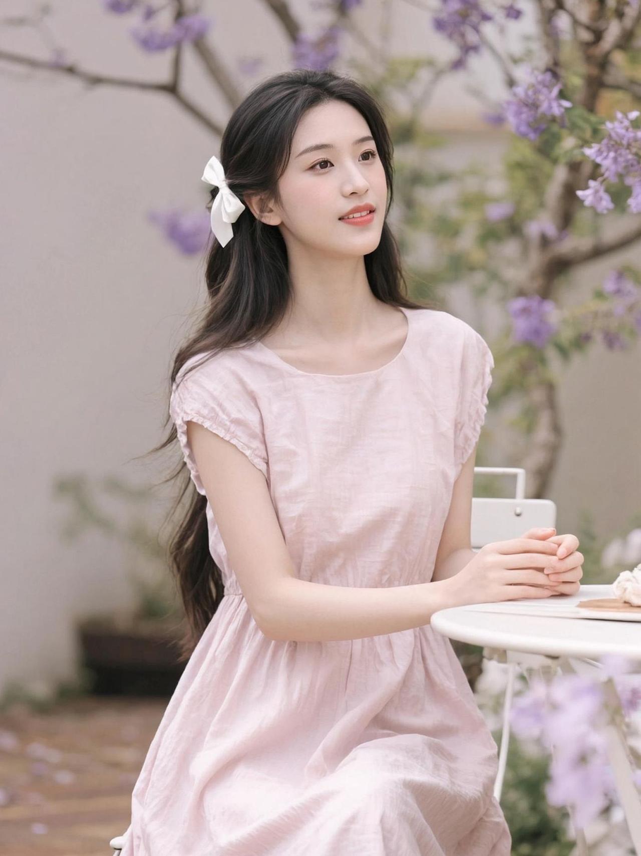 紫色的花海与汉服相遇，仿佛一场浪漫的邂逅。轻柔的粉色裙摆与淡雅的花朵交织，像是从