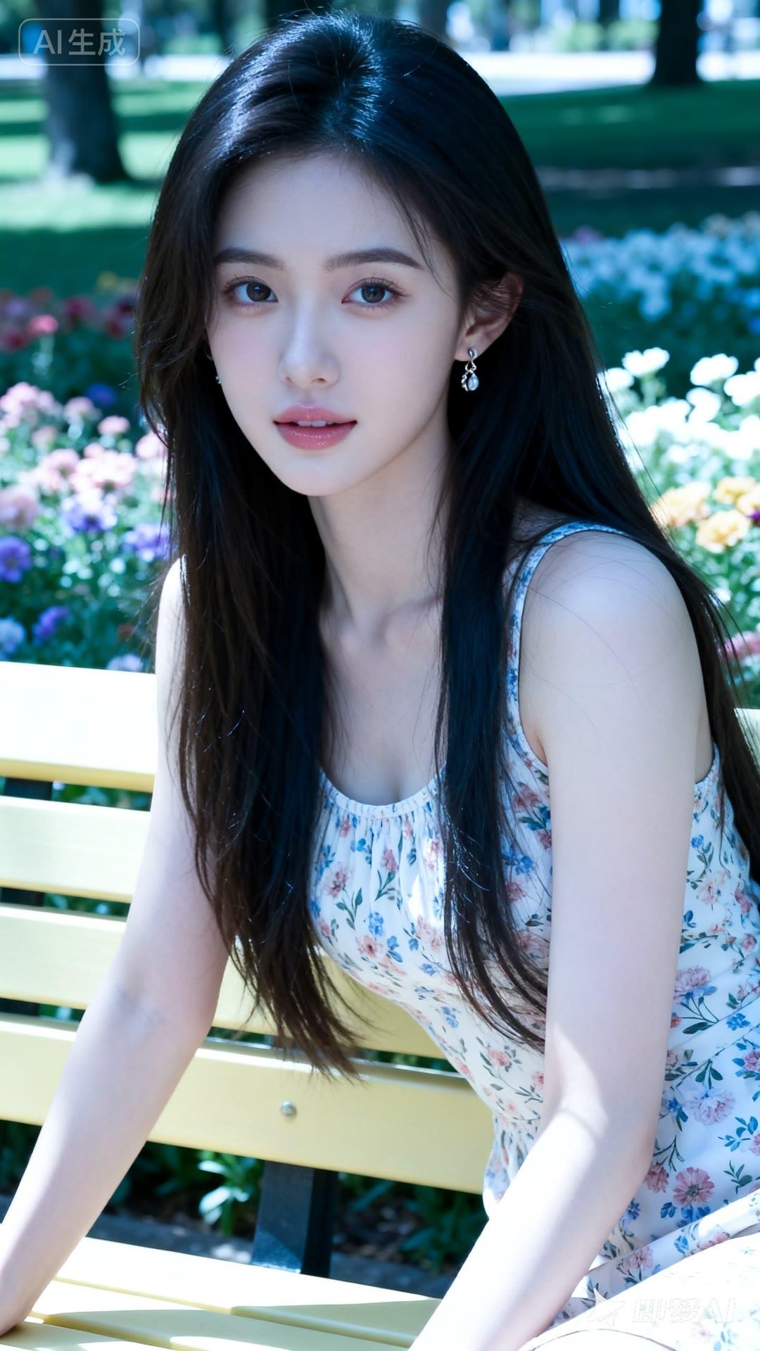 阳光下的少女，花丛中的美丽瞬间