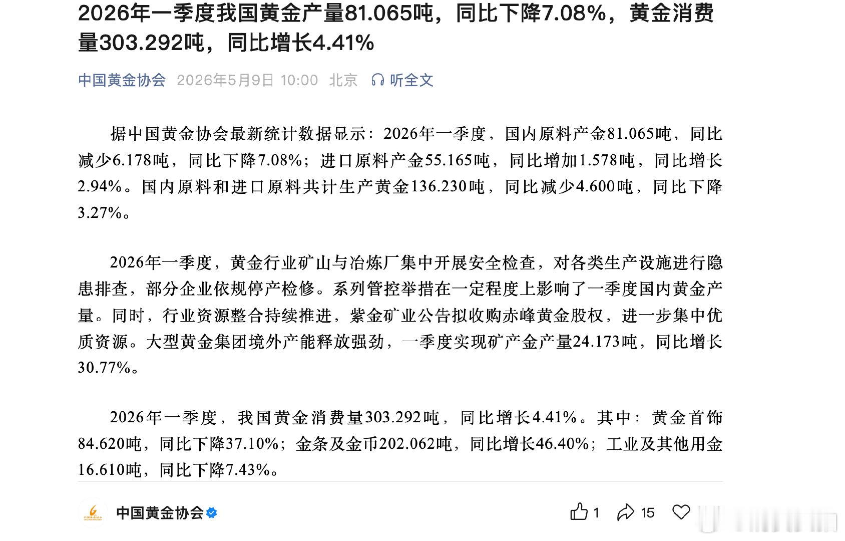【金饰消费量下滑金饰消费量下滑原因】5月9日，据中国黄金协会，2026年一季度，