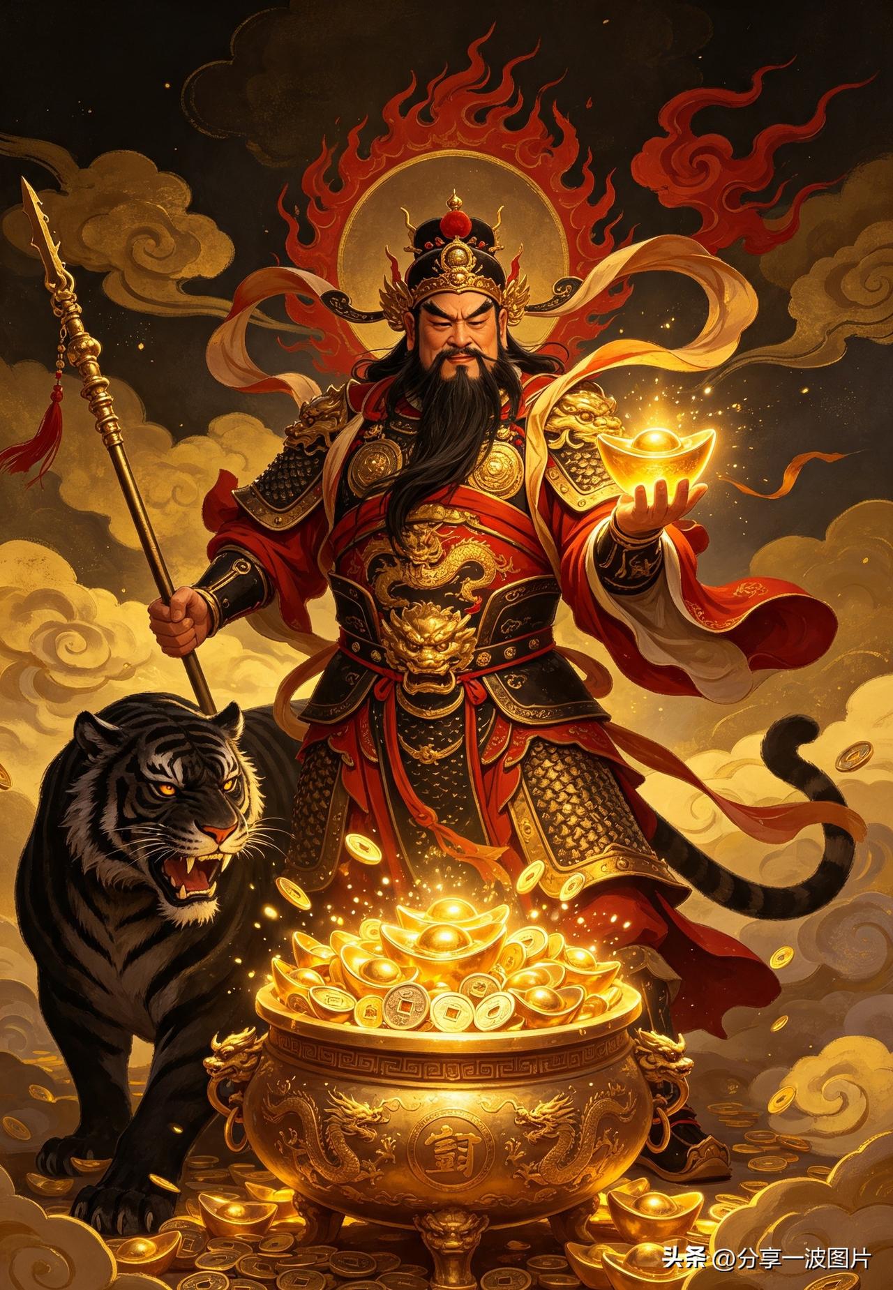 黑虎随行威运至，
金盆纳宝聚财来。