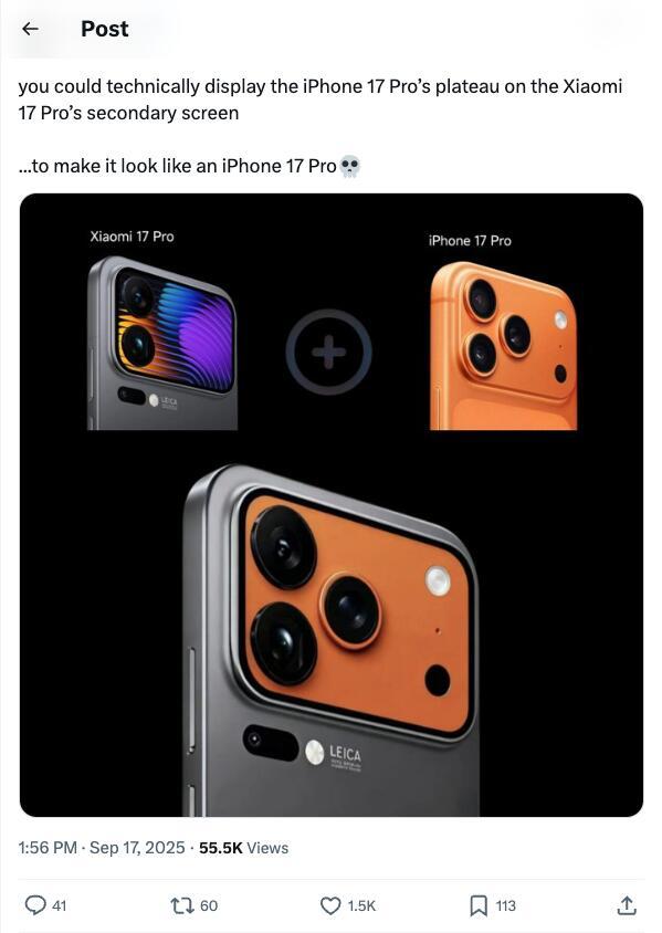 小米副屏显示iPhone相机岛设计近日，有网友发现了一个有趣的设计巧合：可以在小