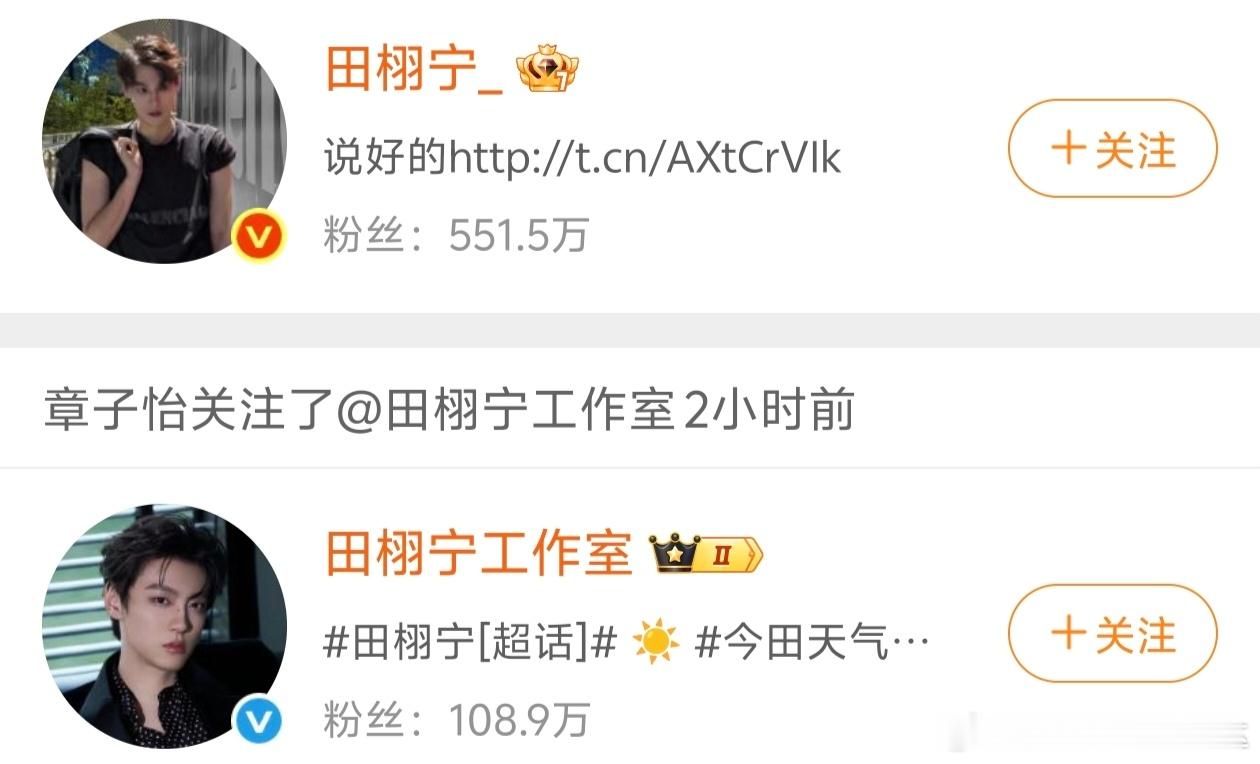 章子怡关注田栩宁工作室这是有什么合作嘛～据最新动态，章子怡不仅关注了田栩宁工作室