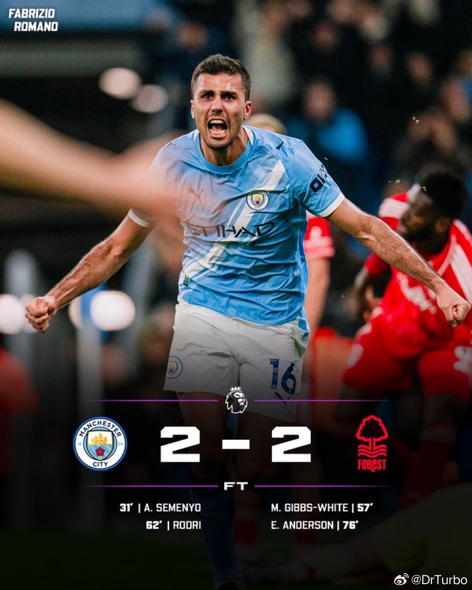 英超方面 阿森纳战胜了布莱顿 但是曼城却被诺丁汉森林逼平布莱顿0比1阿森纳曼城2