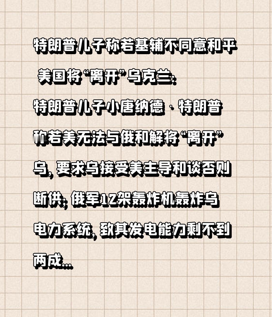 特朗普儿子称若基辅不同意和平 美国将“离开”乌克兰：特朗普儿子小唐纳德·特朗普称