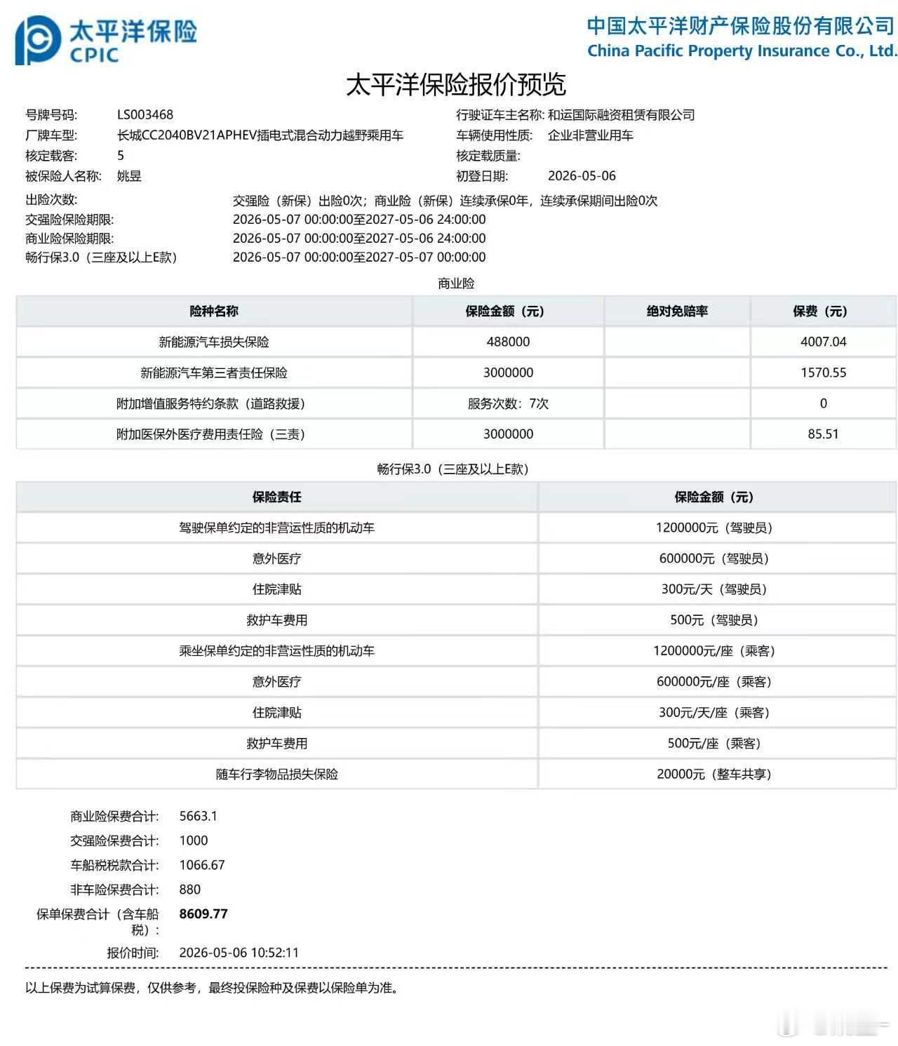 坦克700 Hi4-T新车保险已出大家可参考（我这个不一定便宜，4S店上的） 