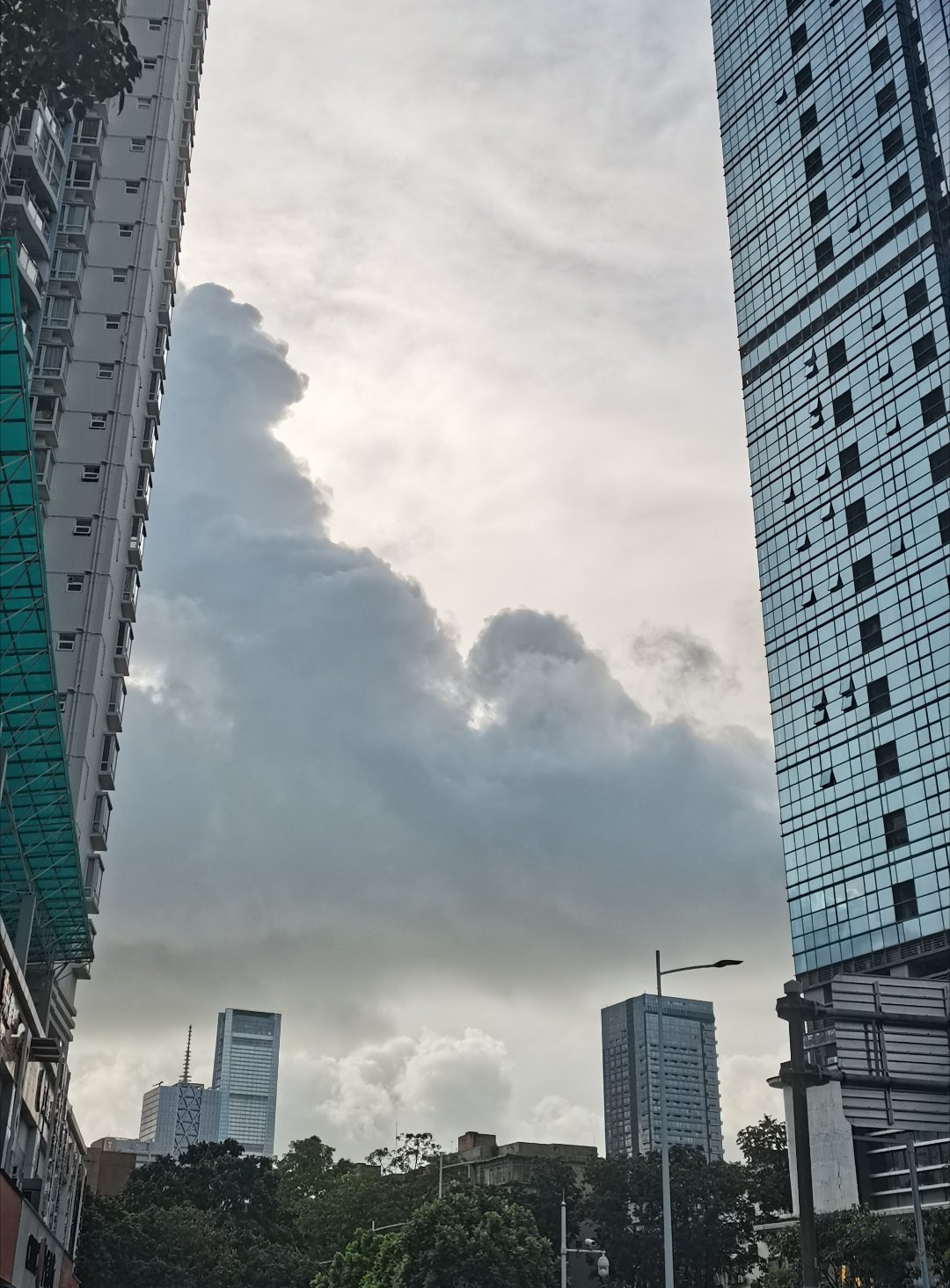 清晨一场急雨咆哮而过。前一刻厚重乌云滚滚翻涌，楼宇之间天色暗沉，风雨蓄势待发；转