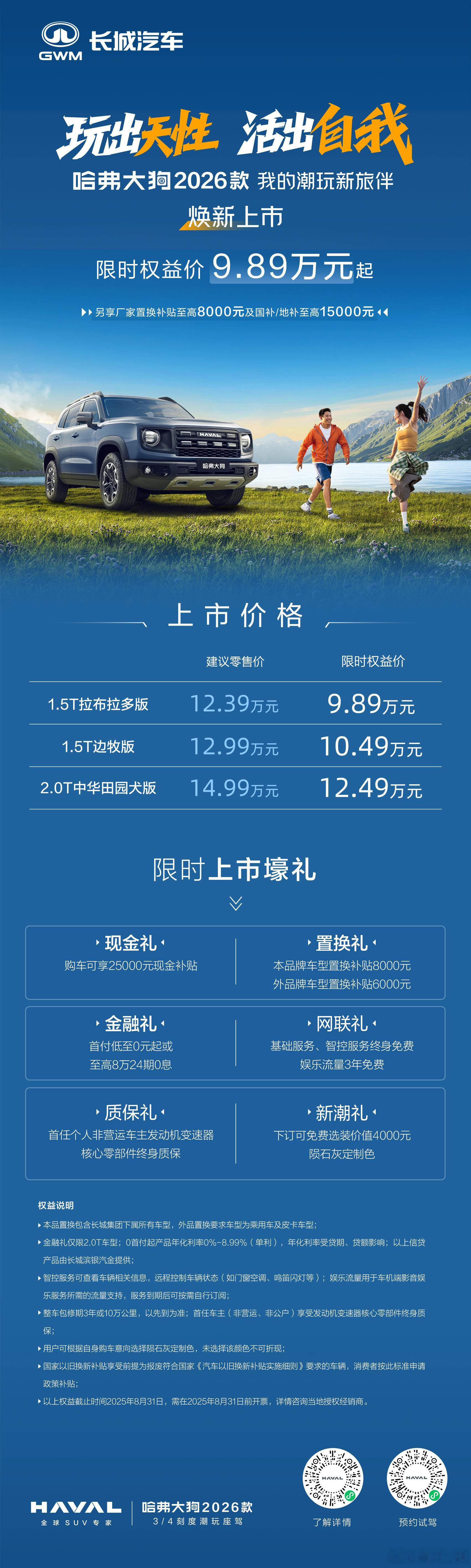 哈弗大狗今天晚上正式上市了，限时起售价竟然做到了9.89万元，这价格真的没谁了。
