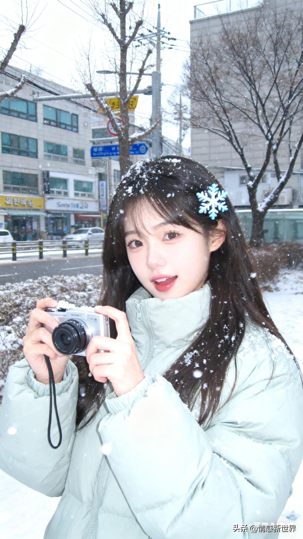 冬日雪景中的少女，手持相机，捕捉美好瞬间。雪中少女照 秋日少女照