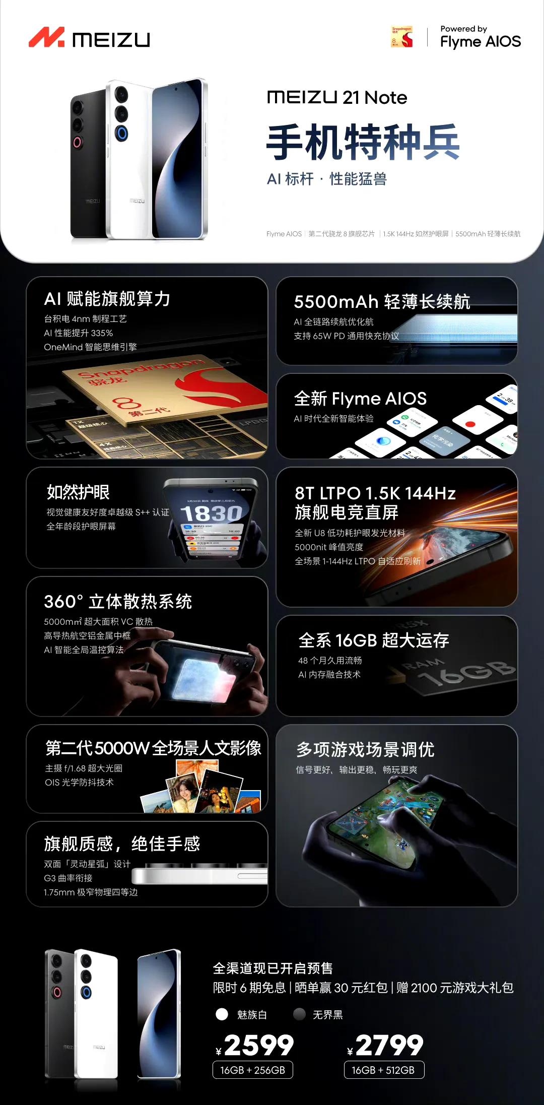 魅族 21 Note 手机特种兵

搭载骁龙8Gen2处理器，1.5K 144H