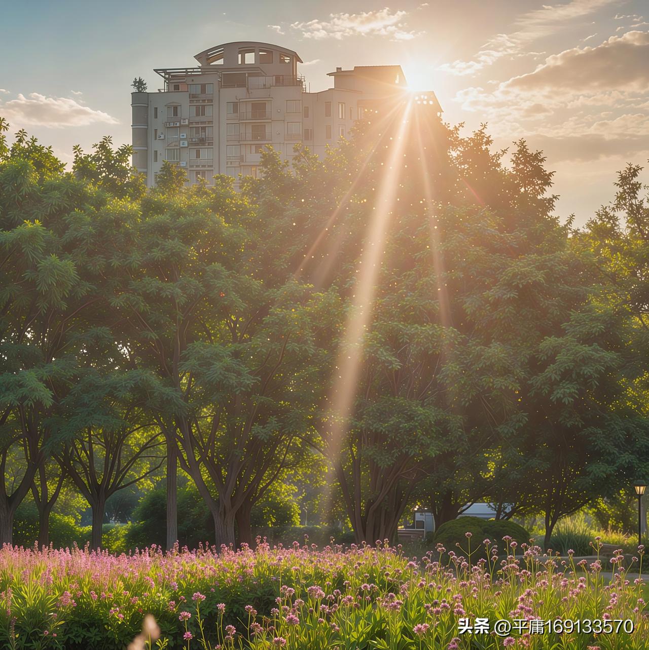 夕阳洒满公园，那画面简直绝了！就像呼和浩特市大黑河郊野公园，8月13日的马鞭草花